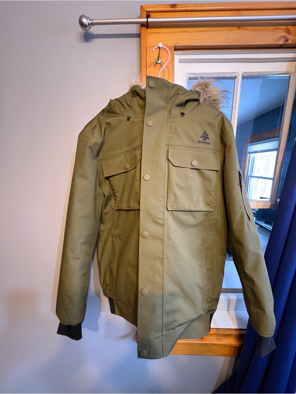 Men's Woods Olive Green Insulated Parka Jacket with Faux Fur Hood